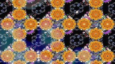 Hint süsü. Çizim kalıbı. Çiçek duvar kağıdı. Raster illüstrasyonu. Siyah renklerde. Renkli süs kenarı.