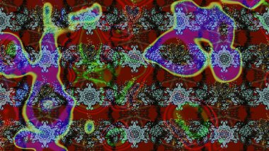 Tekstil tasarımı için kırmızı ve kahverengi renkli geleneksel halk çiçekleri. Üzerinde gelincikler ve vadi zambakları olan renkli çiçek desenli nakış..