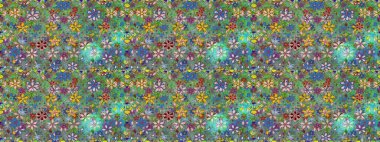 Kusursuz bir arka plan modeli. Raster - stok. Yapraklı çiçekler ve yeşil ve mavi renkli papatya çiçekleri..