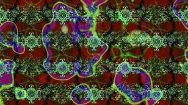 Çiçeksel çizim kalıbının yansıması. Vadinin çiçekleri yeşil ve kırmızı renklerde.