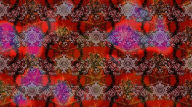 Retro tekstil tasarım koleksiyonu. El çizimi çiçek unsurları olan soyut çizim raster deseni. 1950-1960 motifleri. Kahverengi ve kırmızı kahverengi ve kırmızıya. Çiçekli ipek eşarp..