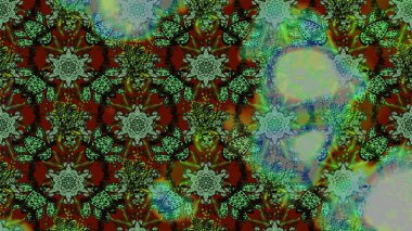 Varicologreen ve gri raster çizimi. Bir sürü yeşil ve gri soyut çiçekli tropik eskiz deseni. Küçük çiçekte sevimli çiçek deseni var..