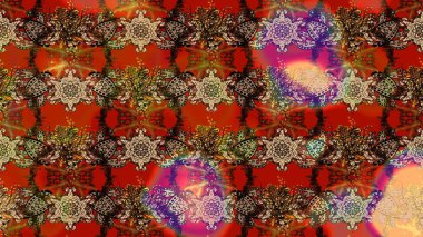 Çok kahverengi ve kırmızı zarif küçük çiçekler ve kahverengi ve kırmızı renkli komik böcekler, raster desen, illüstrasyon.