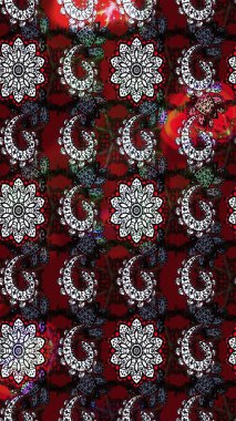 Raster illüstrasyonu. Renkli desenli eskiz deseni, siyah ve gri çiçekler ve dekoratif elementler. Eski usul. Eskiz geçmişi. Kumaş, tekstil ve duvar kağıdı baskısı için..