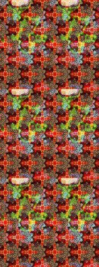 Renkli süs kenarı. Çizim kalıbı. Hint süsü. Raster illüstrasyonu. Çiçek duvar kağıdı. Kırmızı ve kahverengi renklerde.