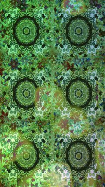 Altın antika ortaçağ dekoratifi, yapraklar ve yeşil ve gri renkli altın desenli süslemeleri olan pürüzsüz bir desen. Kusursuz kraliyet lüksü, altın barok kumaş rengi..