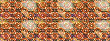 Doğulu tarzı. Hassas altın deseni açın. Parlak dantel, stilize çiçekler, şal desenli. Kusursuz altın desenli bukleler. Raster. Kahverengi ve turuncu renklerde altın elementlerle kusursuz desen.