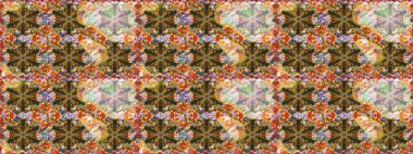 Raster altın tekstil baskısı. Kusursuz desenli oryantal süs. Kahverengi ve nötr renklerde altın desenli altın elementler. İslam tasarımı. Çiçek karoları.