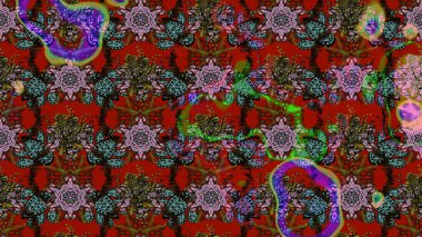 Patlayan çiçekler soyut olarak yerleştirilmiş. Raster illüstrasyonu. Raster deseni. Kibar, bahar çiçekleri kırmızı ve kahverengi renklerde.