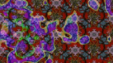 Çiçek desenli çizim. Kırmızı ve kahverengi renkli Asya tekstili. Raster illüstrasyonu.