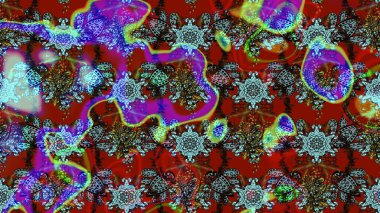 Kumaş desenli papatya çiçeği detayı. Kırmızı ve mavi renkte çiçekler.