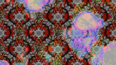 Suluboya elle çizilmiş çiçek desenli eskiz deseni. Parlak renkli fantezi çiçekleri, yapraklar, gri ve kahverengi renkli tomurcuklar, gri ve kahverengi.