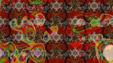 Tekstil tasarımı için kırmızı ve kahverengi renkli geleneksel halk çiçekleri buketi. Üzerinde gelincikler ve vadi zambakları olan renkli çiçek desenli nakış..