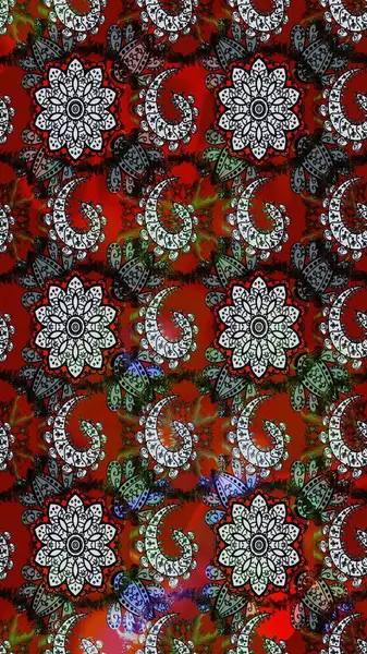 Raster Çiçek İllüstrasyonu güzel tekstil. Gri ve kırmızı renkte etnik çiçeklerle süslenmiş zarif bir eskiz..