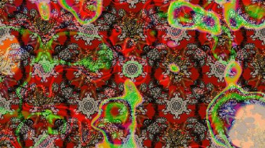 Raster. Kırmızı ve kahverengi renkte güzel çiçekleri olan eskiz deseni, suluboya çiçek deseni, duvar kağıdı, kart veya kumaş için fayanslı.