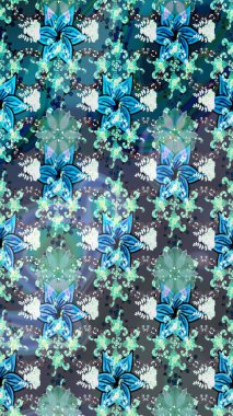 Renkli desenli eskiz deseni, mavi çiçekler ve dekoratif elementlerle. Eskiz geçmişi. Eski usul. Raster illüstrasyonu. Kumaş, tekstil ve duvar kağıdı baskısı için..