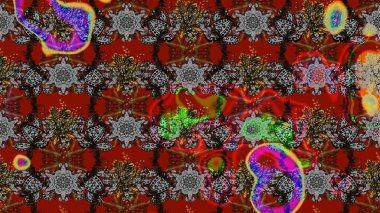 Çiçekli ipek eşarp. El çizimi çiçek unsurları olan soyut çizim raster deseni. 1950-1960 motifleri. Gri ve kırmızı, gri ve kırmızı üzerine. Retro tekstil tasarım koleksiyonu.