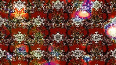 Raster illüstrasyonu. Çizim kalıbı. Kahverengi ve kırmızı renklerde. Çiçek duvar kağıdı. Hint süsü. Renkli süs kenarı.