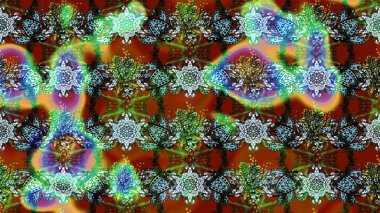 Raster illüstrasyonu. Çiçek desenli çizim. Raster illüstrasyonu. Asya tekstil tarzında. Yeşil ve kahverengi renkte çiçekler.