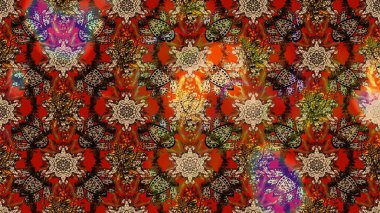 Kahverengi ve kırmızı renklerde Asya tekstili. Çiçek desenli çizim. Raster illüstrasyonu.