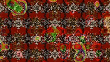 Asya tekstil tarzında. Çiçek desenli çizim. Kahverengi ve kırmızı renkte çiçekler. Renkli Bahar Teması eskiz kalıbı. Raster illüstrasyonu. Düz Çiçek Elementleri Tasarımı.