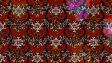 Çiçekler. Soyut etnik raster çizim kalıbı. Vadinin çiçekleri kahverengi ve kırmızı renklerde.
