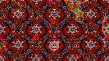 Moda baskıları için zarif bir şablon. Modern çiçek arkaplanı. Halk tarzı. Parlak renkli çiçekleri olan ve kahverengi ve kırmızı renkte yaprakları olan inanılmaz bir çiçek deseni..