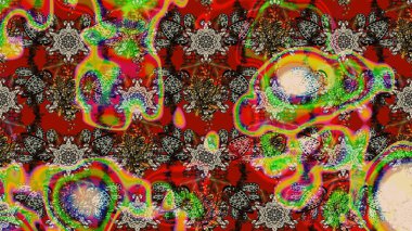 Eskiz geçmişi. Kumaş, tekstil, duvar kağıdı baskısı için. Renkli desenli eskiz deseni, kırmızı ve kahverengi çiçekler ve dekoratif elementler. Eski usul. Raster illüstrasyonu.