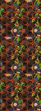 Renkli desenli eskiz deseni, kahverengi ve siyah çiçekler ve dekoratif elementler. Eski usul. Raster illüstrasyonu. Eskiz geçmişi. Kumaş, tekstil ve duvar kağıdı baskısı için..