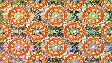 Turuncu ve nötr renklerde, altın elementli klasik dikişsiz desen. Raster illüstrasyonu.