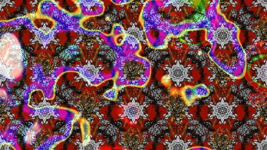 Raster illüstrasyonu. Kumaş, tekstil, duvar kağıdı baskısı için. Renkli desenli eskiz deseni, gri ve kahverengi çiçekler ve dekoratif elementler. Eskiz geçmişi. Antika retro tarzı.