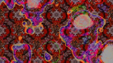 Çok kahverengi ve kırmızı zarif küçük çiçekler ve kahverengi ve kırmızı renkli komik böcekler, raster desen, illüstrasyon.