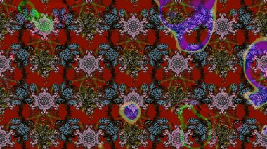 Raster deseni. Bahar çiçekleri dallı desen, kırmızı ve kahverengi renkler çiçekli siluet.