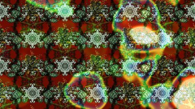 Yeşil ve kahverengi renkli etnik çiçekli zarif eskiz deseni. Asya Tekstil 'inde Raster Çiçek İllüstrasyonu.