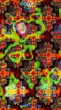 Raster deseni. Raster illüstrasyonu. Yumuşak, bahar çiçekleri siyah ve kahverengi renklerde. Patlayan çiçekler soyut yerleştirilmiş.