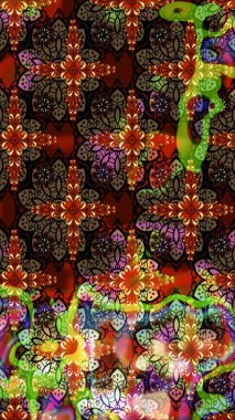 Kahverengi ve siyah renkli Asya tekstili. Raster illüstrasyonu. Çiçek desenini çiz.