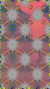 Miles Fleur, süslü püslü bir süs. Kusursuz bir geçmişi var. Kumaş, tekstil, duvar kağıdı baskısı için. Eski usul. Tomurcukları papatya çiçekleri olan sevimli bir çiçek deseni. Raster illüstrasyonu.