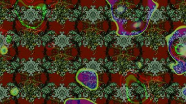 Raster illüstrasyonu. Taslak dekoratif arka plan, çiçek mandala. Çiçek. Yeşil ve kırmızı renklerde.