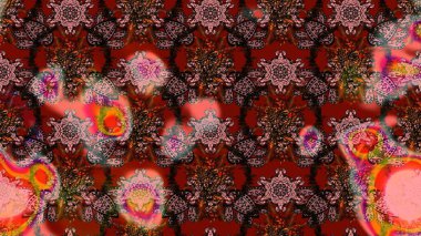 Halk tarzı. Parlak renkli çiçekleri ve kahverengi ve kırmızı renkte yaprakları olan harika bir çiçek deseni. Moda baskıları için zarif bir şablon. Modern çiçek arkaplanı.