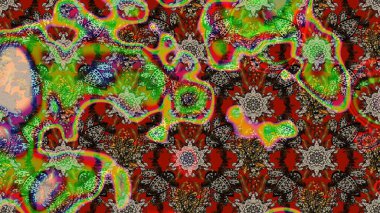 Renkli grunge, soyut arkaplanı kolonya ve yeşil çiçeklerle süslüyor. Parmak izi, kumaş, duvar kâğıdı, tekstil için raster dokusu. Nakış desenli çiçek deseni..