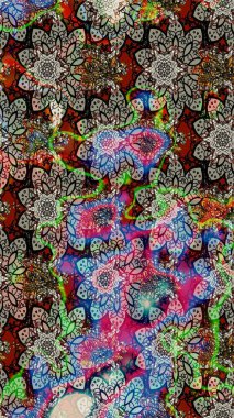 Tekstil için suluboya eskiz deseni. El çizimi çiçek çizimi deseni (fayans). Şirin çiçekleri, desenleri, gri ve nötr renkleri olan renkli çizim deseni.