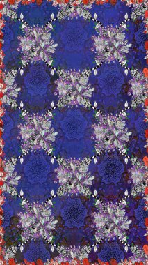 Moda baskıları için zarif bir şablon. Motley illüstrasyonu. Küçük renkli çiçekler. Küçük çiçekte güzel bir desen. Menekşe ve gri çiçekli bahar çiçekleri.