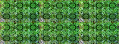 For your design, wallpaper. Raster geometric background. Golden seamless pattern on green and gray colors with golden floral elements. Golden color seamless illustration.