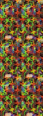 Çiçek desenli çizim. Siyah ve yeşil renkli çiçekler. Raster illüstrasyonu. Raster illüstrasyonu. Asya tekstil tarzında.