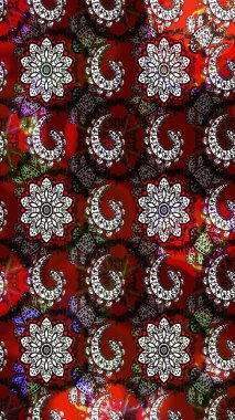 Çiçek desenli çizim. Renkli Bahar Teması eskiz kalıbı. Asya tekstil tarzında. Düz Çiçek Elementleri Tasarımı. Kırmızı ve siyah renkte çiçekler. Raster illüstrasyonu.