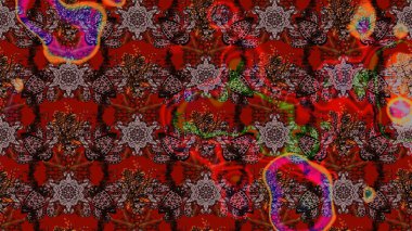 Moda baskıları için zarif bir şablon. Halk tarzı. Modern çiçek arkaplanı. Parlak renkli çiçekleri olan ve kahverengi ve kırmızı renkte yaprakları olan inanılmaz bir çiçek deseni..