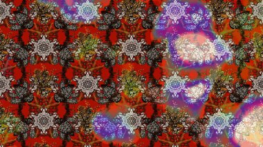 Moda baskıları için zarif bir şablon. Modern çiçek arkaplanı. Parlak renkli çiçekleri ve kahverengi ve kırmızı renkte yaprakları olan harika bir çiçek deseni. Halk stili.