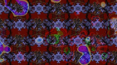 Suluboya elle çizilmiş çiçek desenli eskiz deseni. Parlak renkli fantezi çiçekleri, yapraklar, kahverengi ve kırmızı renkli tomurcuklar kahverengi ve kırmızı.