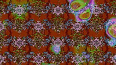 Tekstil, kumaş, ambalaj, hatıra defteri için hoş bir çiçek arkaplanı. Kahverengi ve yeşil arka planda. Çocuksu tasarım. Elle çizilmiş karalama çiçekleri ile Raster çizim deseni.