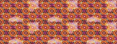 Kahverengi ve turuncu renklerde altın elementlerle kusursuz desen. Raster. Kusursuz altın desenli bukleler. Hassas altın desen. Parlak dantel, stilize çiçekler, şal desenli. Doğu tarzı arabesk.